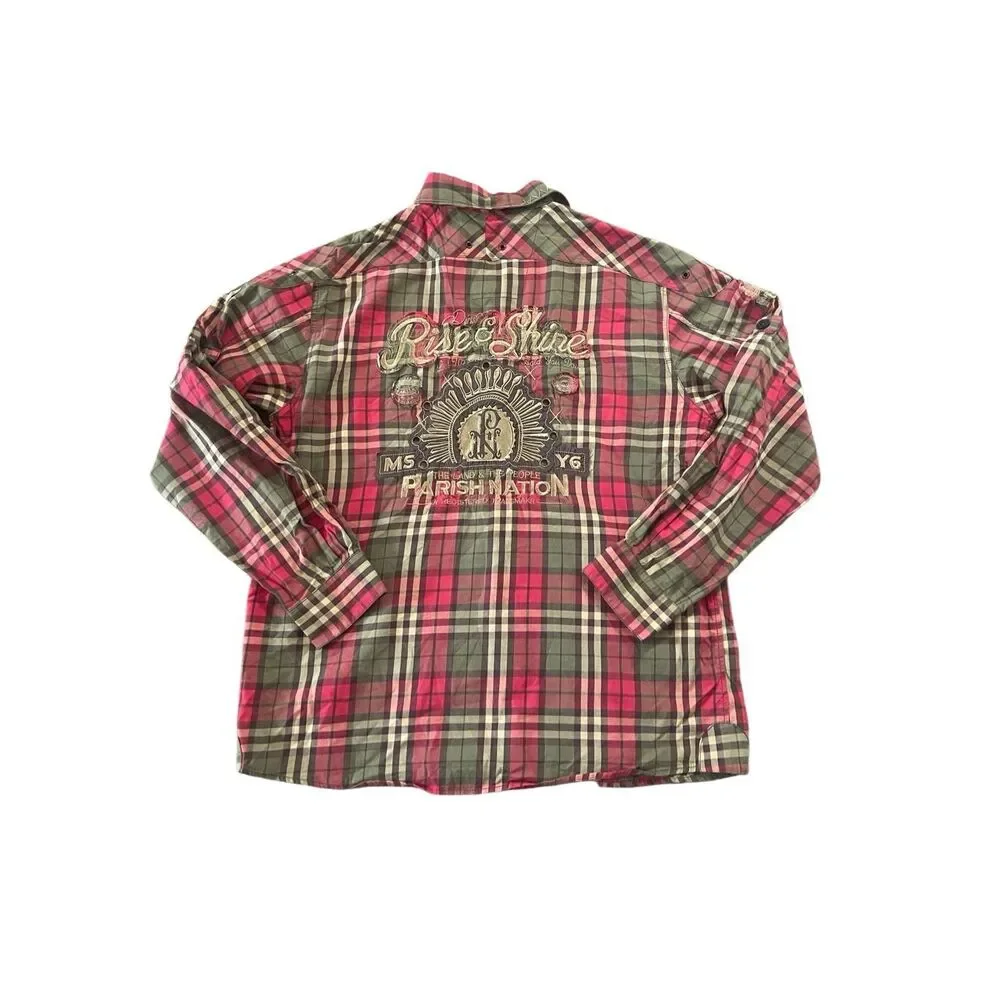 Y2K Parish Nation Urban Streetwear Plaid Button-Up – XL Rise & Shine Embroidered